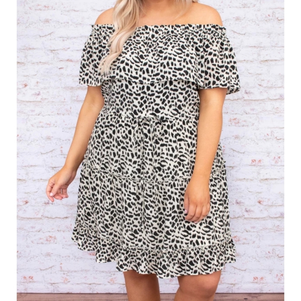 Cream and Black Off the Shoulders Dress